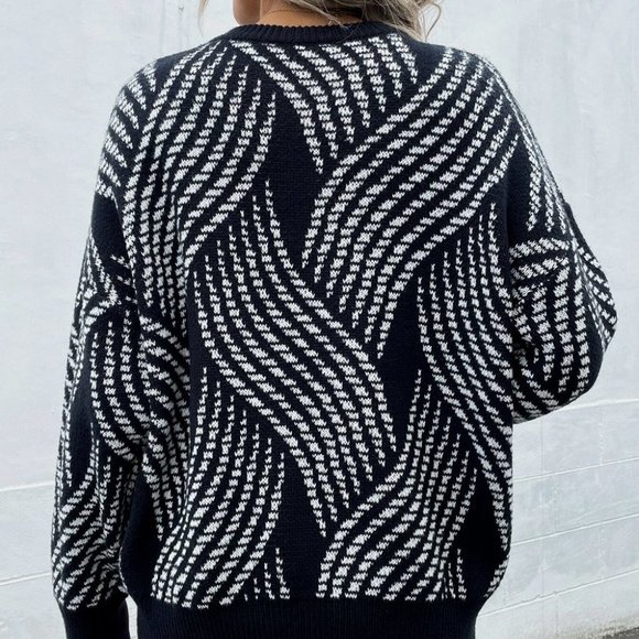 Black and White Preppy Womens Allover Pattern Drop Shoulder Sweater - Picture 2 of 5